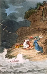 Dos bellezas tempranas de la Regencia atrapadas en una orilla por una tormenta, grabado por Joseph Constantine Stadler, c.1795-1805